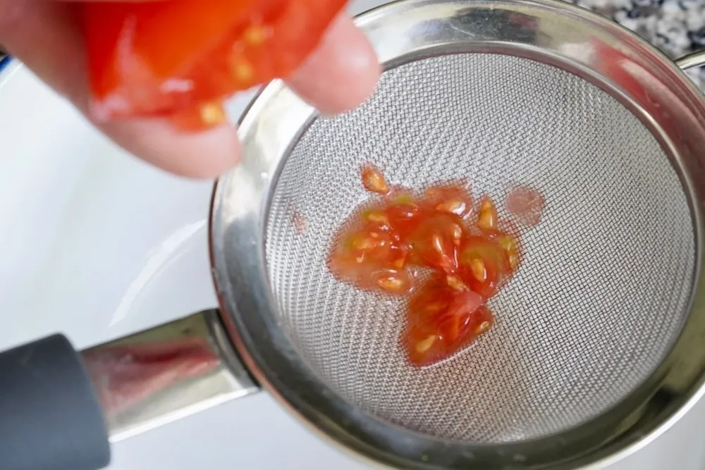 Tomato seeds in strainer